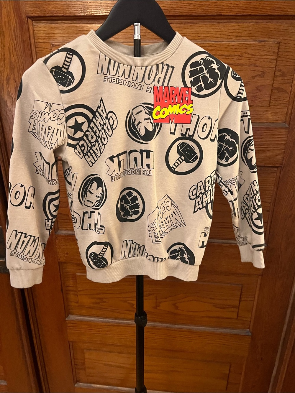 Marvel Crewneck Graphic Sweatshirt in Beige with Black Print